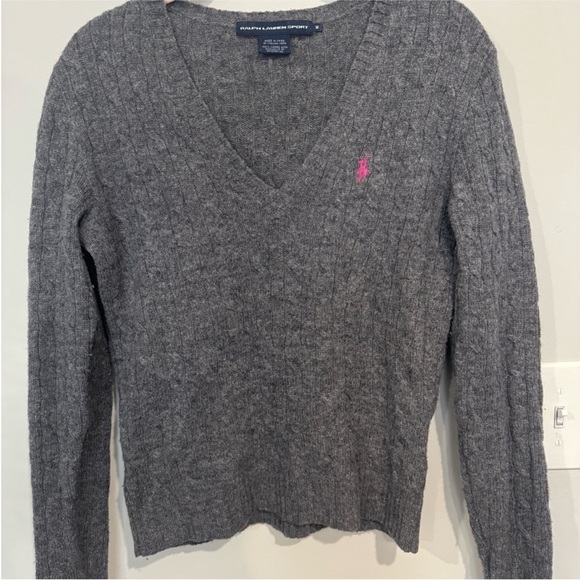 100% Lambs Wool Ralph Lauren Sport Cable Knit V Neck Sweater M - Picture 2 of 6